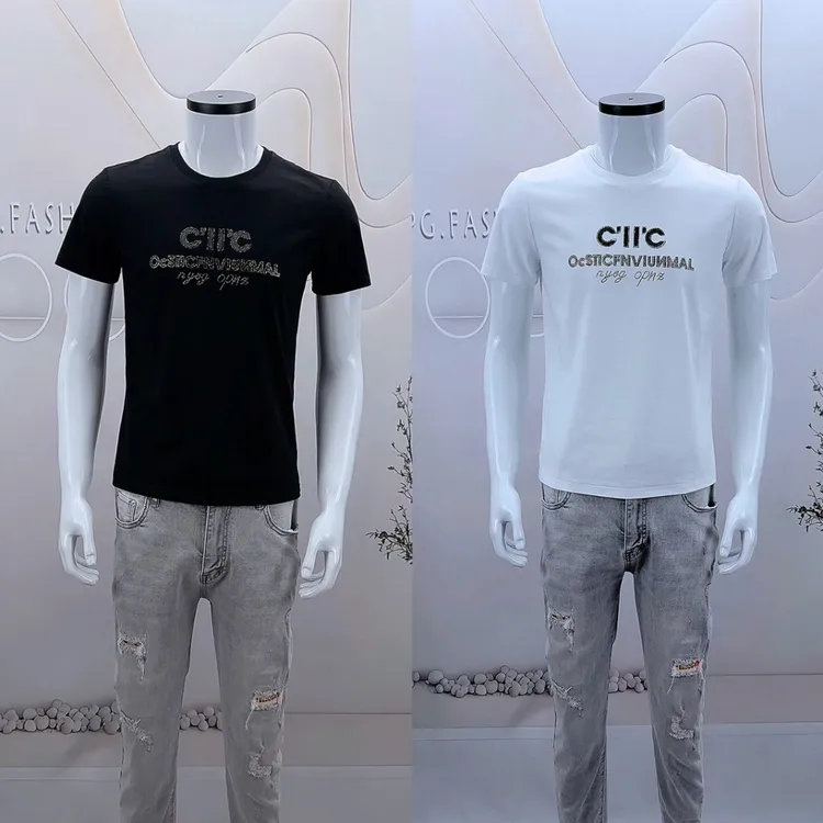 欧洲站潮牌高端修身夏季新款男士烫钻印花短袖T恤打底衫百搭欧货