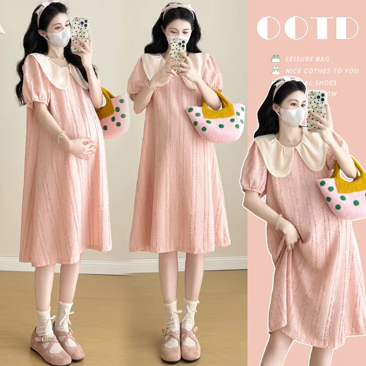 2025孕妇夏季新款甜美时尚娃娃领肌理感减龄短袖连衣裙夏天裙子
