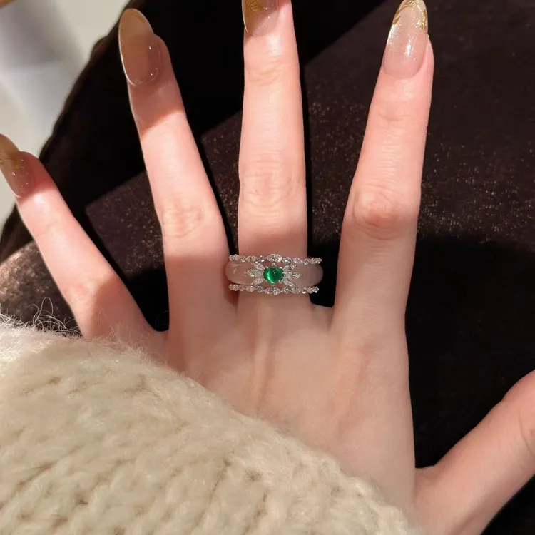 铜合金戒指 「繁花绿珠」新中式高冰蛋面戒指小众设计高级感食指环