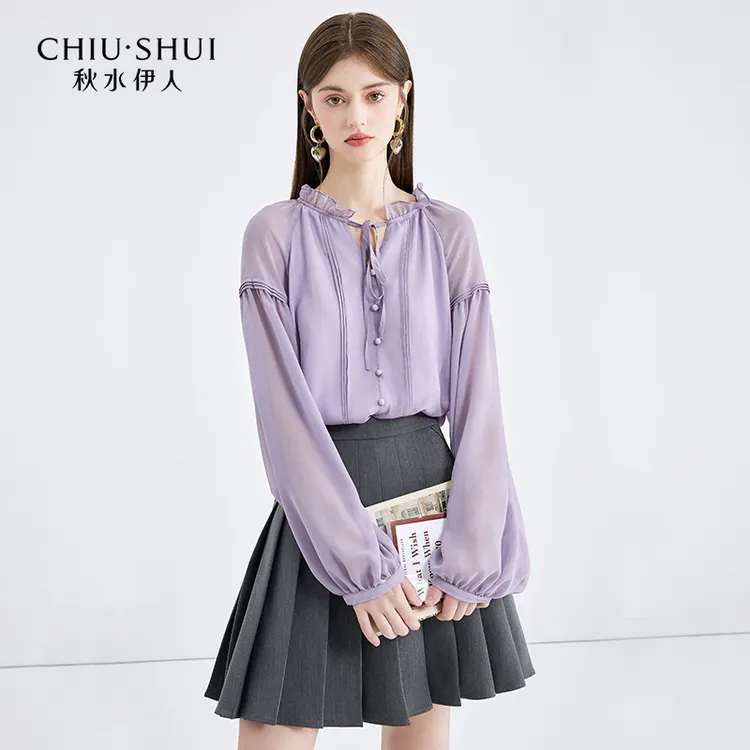 秋水伊人甜美木耳边V领长袖衬衫女温柔气质雪纺衫624102B060400