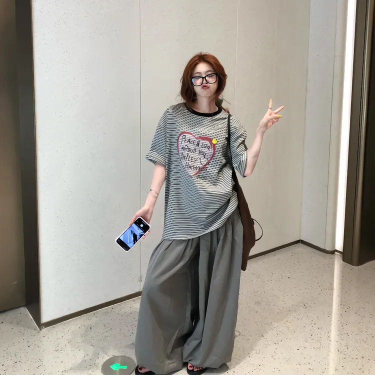 SMILEY笑脸夏日百搭字母印花细条纹短袖T恤女款