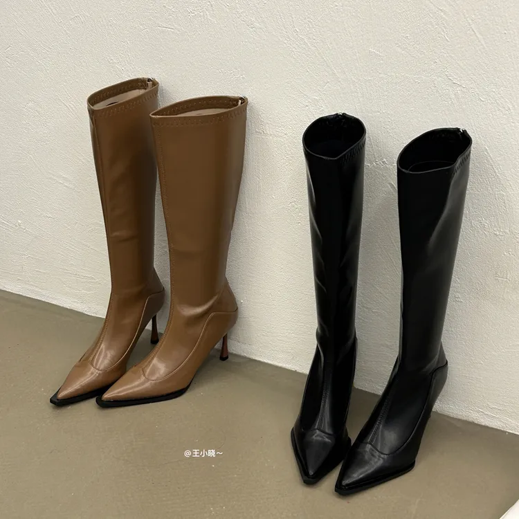 2025秋冬新款欧美风尖头骑士长筒靴细跟高筒显瘦后拉链高跟瘦瘦靴