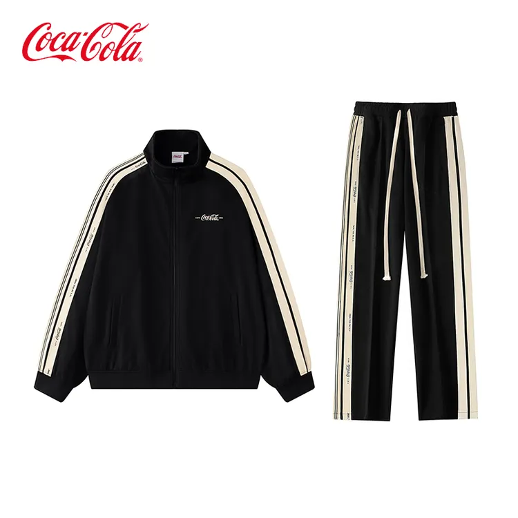 Coca-Cola/可口可乐休闲运动套装不对称条纹开衫外套休闲裤两件套