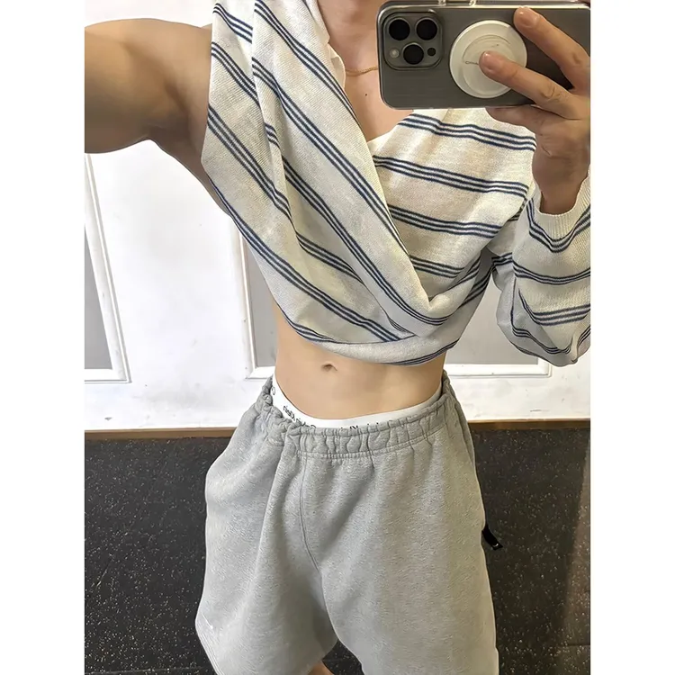 美式V领条纹Polo衫长袖t恤男生夏季轻薄透气防晒罩衫冰丝针织上衣