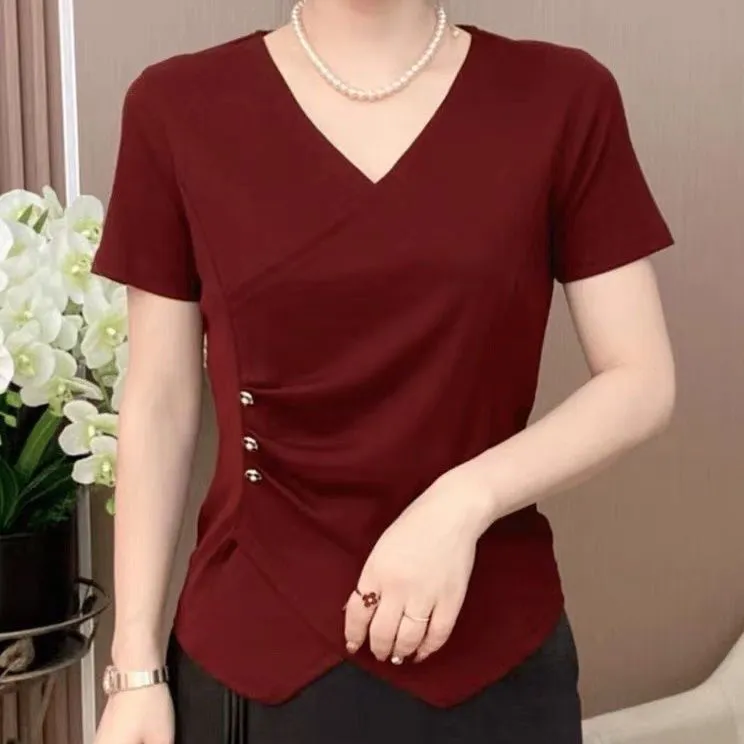 纯色短袖遮肚捏褶女装T恤小众修身波浪打底衫收腰V领百搭