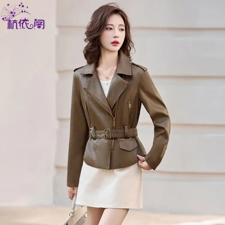 杭依阁皮衣短款外套女2025秋季新款气质复古收腰修身显瘦PU皮夹克