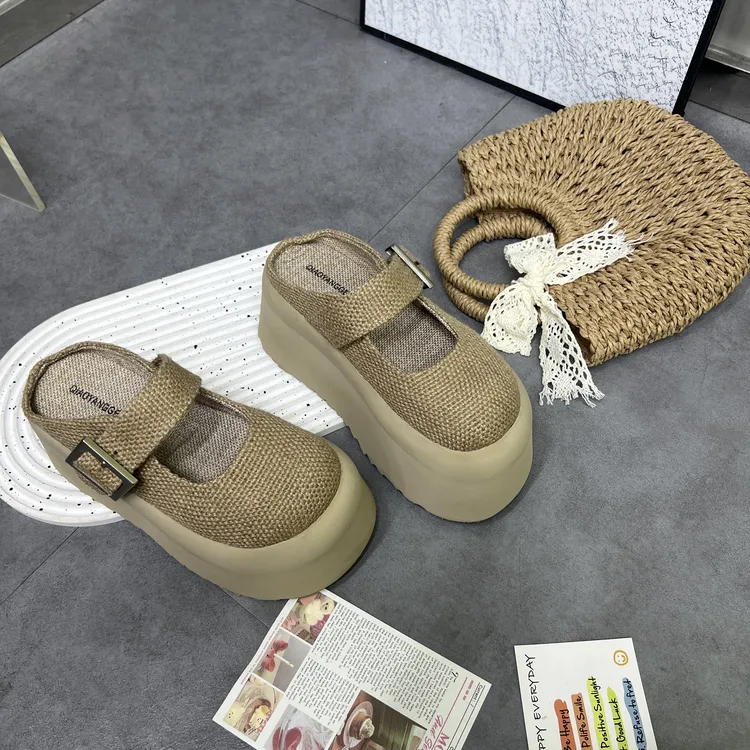 汐也鞋屿【奶泡亚麻】跟高8cm夏季女款厚底亚麻风时尚增高松糕鞋
