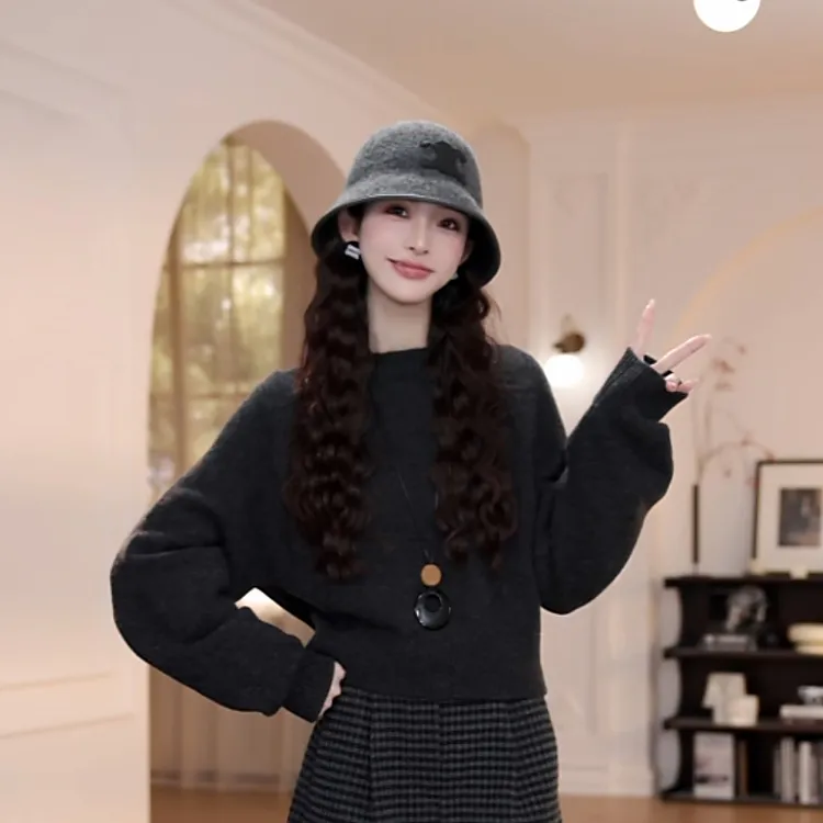 【YY·studio】深灰色圆领毛衣女秋冬季新款慵懒风长袖针织衫6005