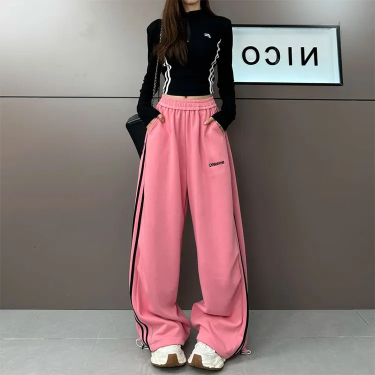 欧若风穿搭侧边拼色条两穿直筒休闲裤女春秋季设计感宽松百搭长裤