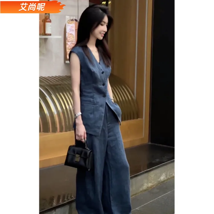 l夏季时尚干练气质女装轻奢感休闲无袖马甲背心阔腿裤两件套潮1