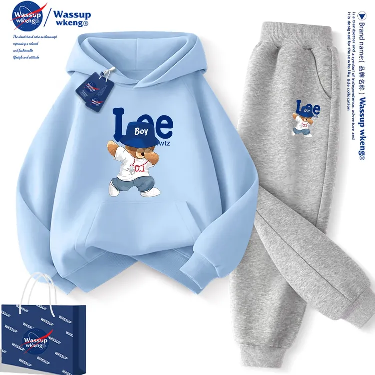 wassup wkeng男童连帽卫衣套装秋冬2026中大童加绒儿童春季运动服