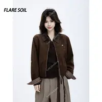 【FLARE SOIL】拼接皮领皮衣翻领欧美夹克仿麂皮拉链短外套 T4678A