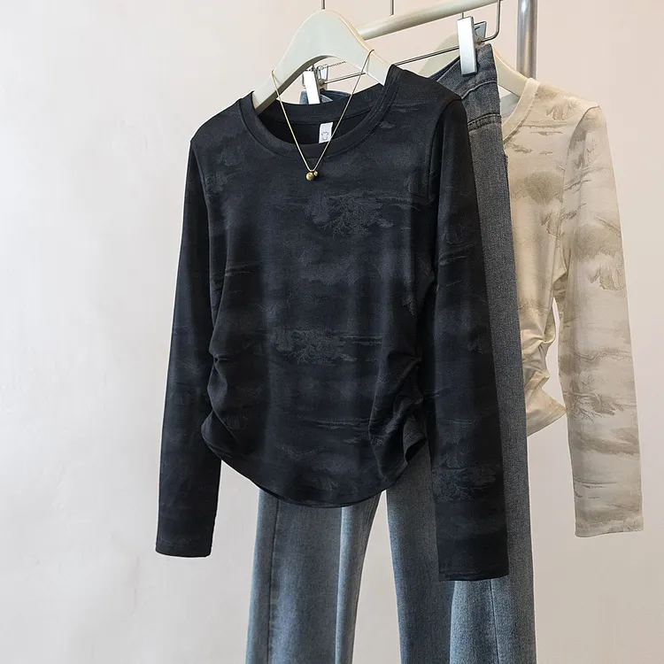 yoewshean/羽媗微胖妹妹大码女装显瘦修身新款百内搭山墨长袖t恤