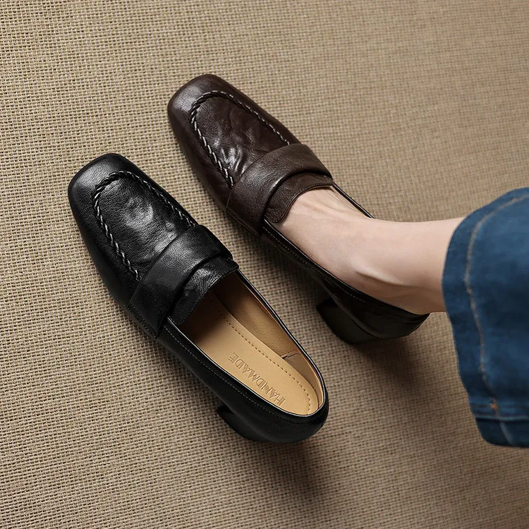 里外纯皮～头层羊皮5cm方头复古单鞋舒适乐福鞋中跟春新款百搭新款