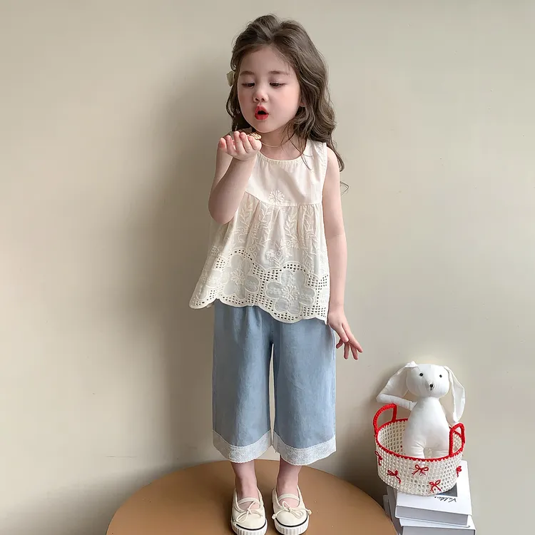 女童无袖套装夏季2025新款儿童牛仔阔腿裤两件套宝宝花边背心夏装