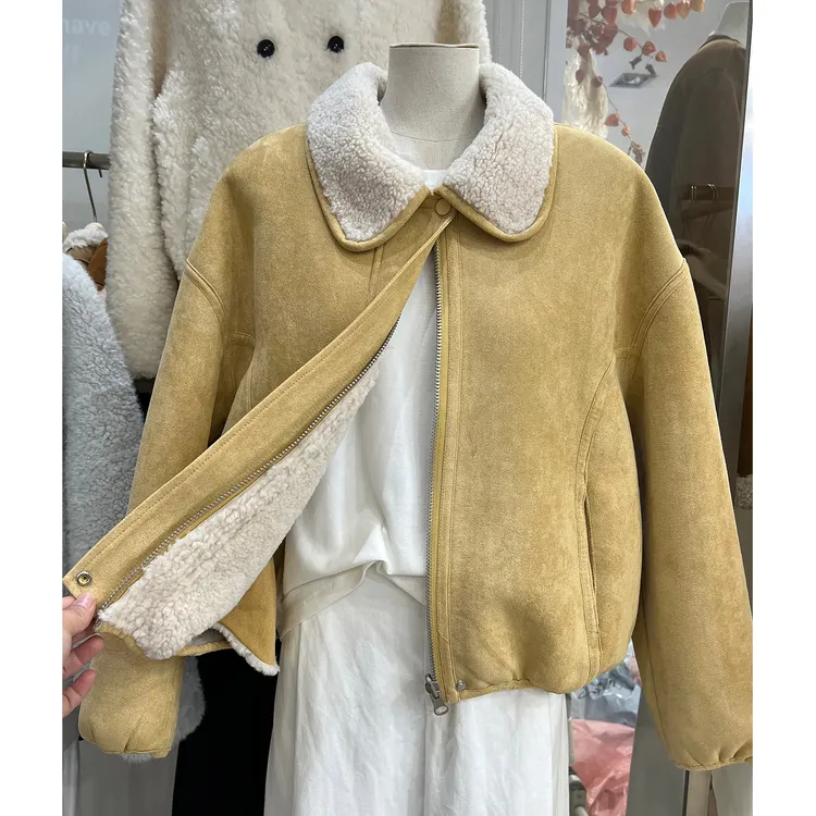 欧货高端翻领羊羔毛麂皮绒外套2025冬季新款皮毛一体加厚夹克上衣