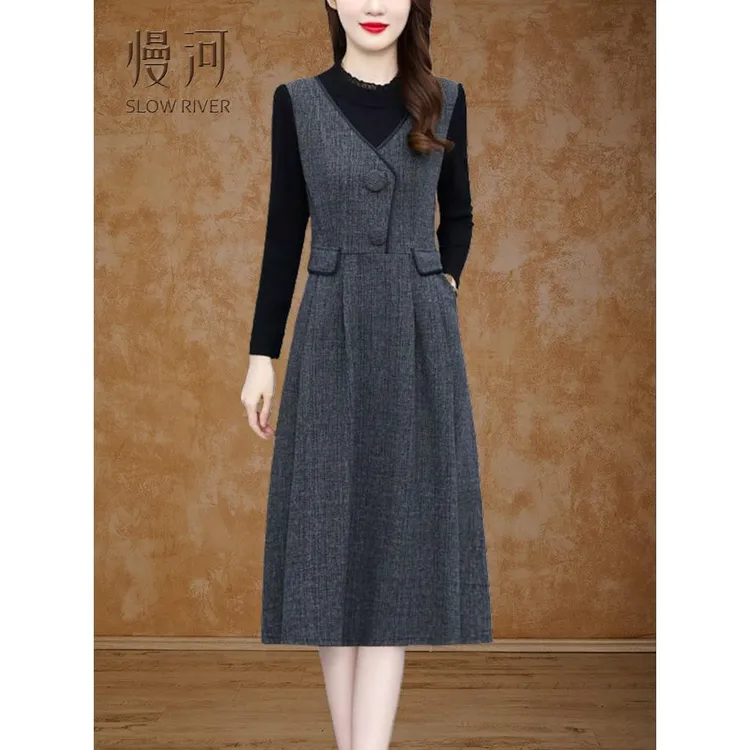 春秋针织假两件连衣裙加厚打底配大衣女妈妈内搭中年女士洋气裙子