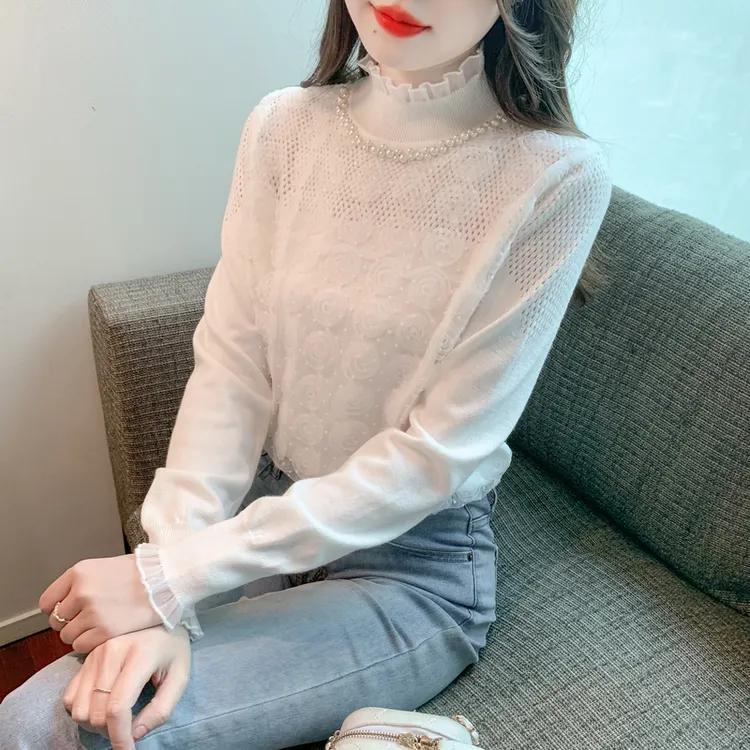 半高领蕾丝打底衫女士2025新款秋冬季法式减龄内搭高级感钉珠上衣