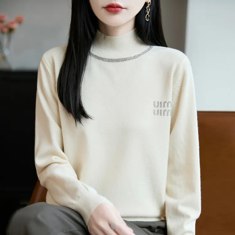 欧货高端百搭半高领针织衫女秋冬新款重磅感烫钻宽松显瘦毛衣内搭