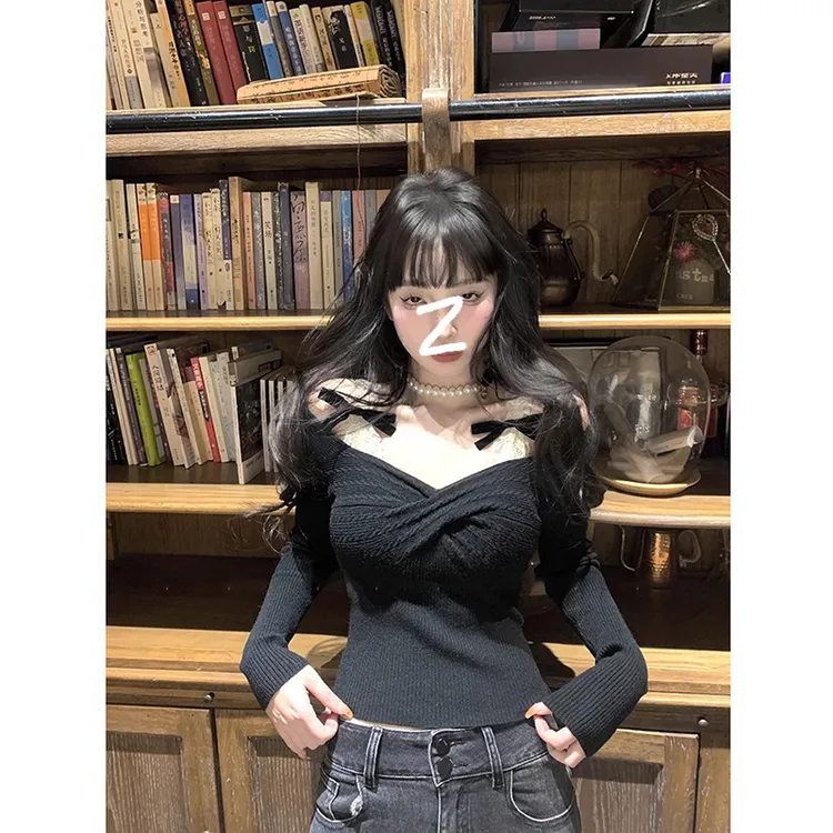 Moses Queen/魔西女王复古收腰针织连衣裙女假两件蝴蝶结打底上衣