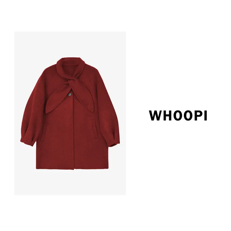 【Whoopi】富家千金风新年红色羊毛外套中长款高级感兔耳领A字大衣