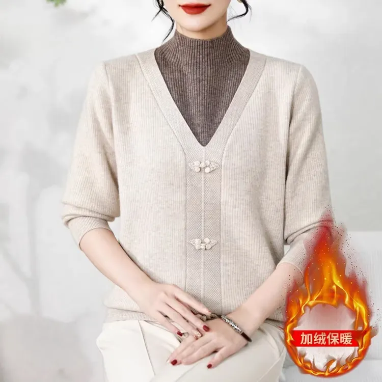 小个子妈妈装加绒时尚秋冬季内搭中老年奶奶装红色国风毛衣打底衫