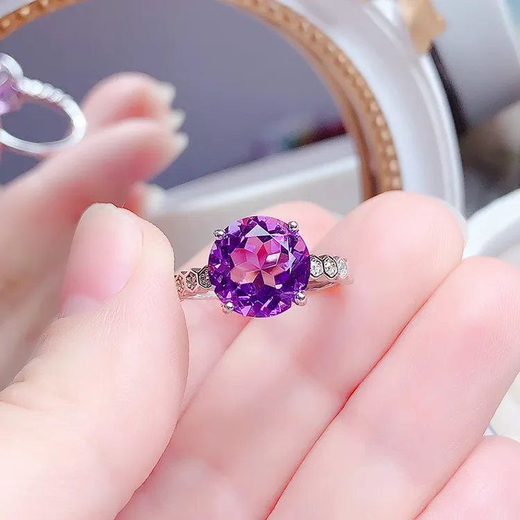 纯银镶嵌天然净体紫水晶戒指开口戒女时尚精致百搭紫色宝石戒指
