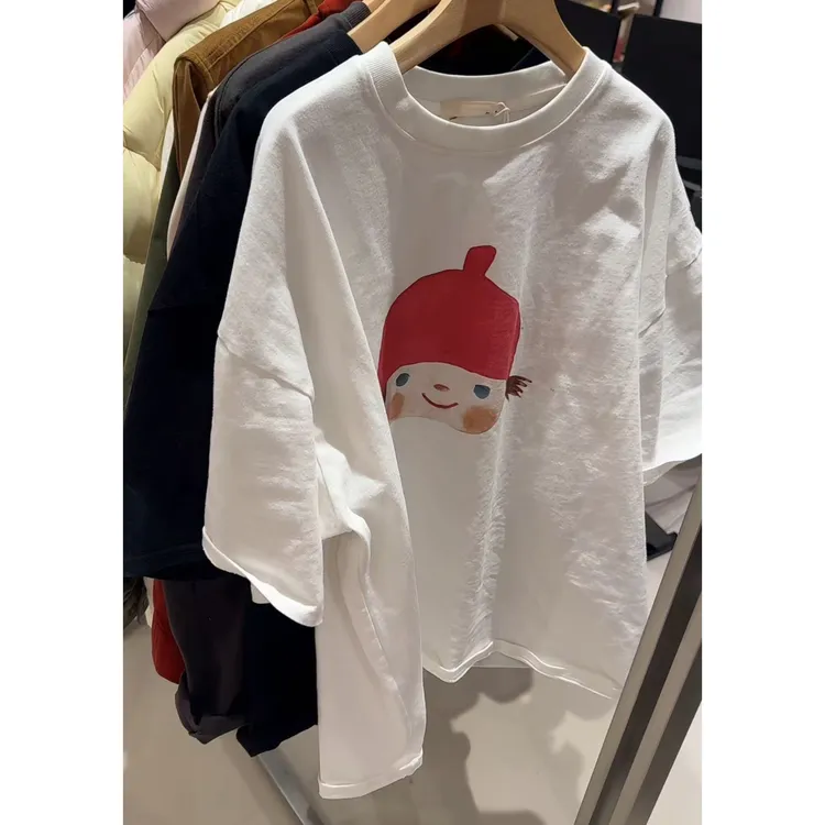 欧洲站冬季新款卡通女孩印花中长袖T恤宽松磨毛加厚圆领半袖上衣