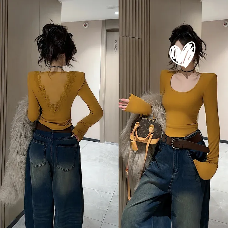 2025秋冬磨毛绒新款气质修身显瘦后背网纱蕾丝拼接内搭女打底衫