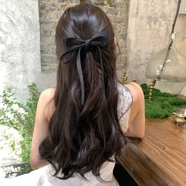 蕾丝黑色蝴蝶结飘带发夹2025新款弹簧高级后脑勺盘发夹子头饰发饰