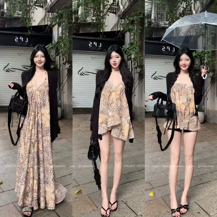 现货LIBAIYI 豹纹系列/设计感豹纹印花抹胸吊带连衣裙 1736