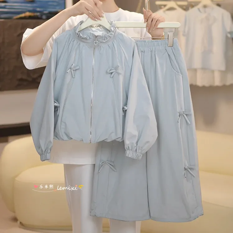 女童春秋蝴蝶结套装2025新款中大童洋气秋季拉链外套阔腿裤两件套