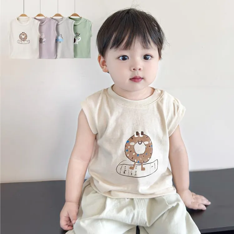 儿童夏季无袖衣服宝宝棉质卡通背心上衣小童短袖外出夏装T恤薄款