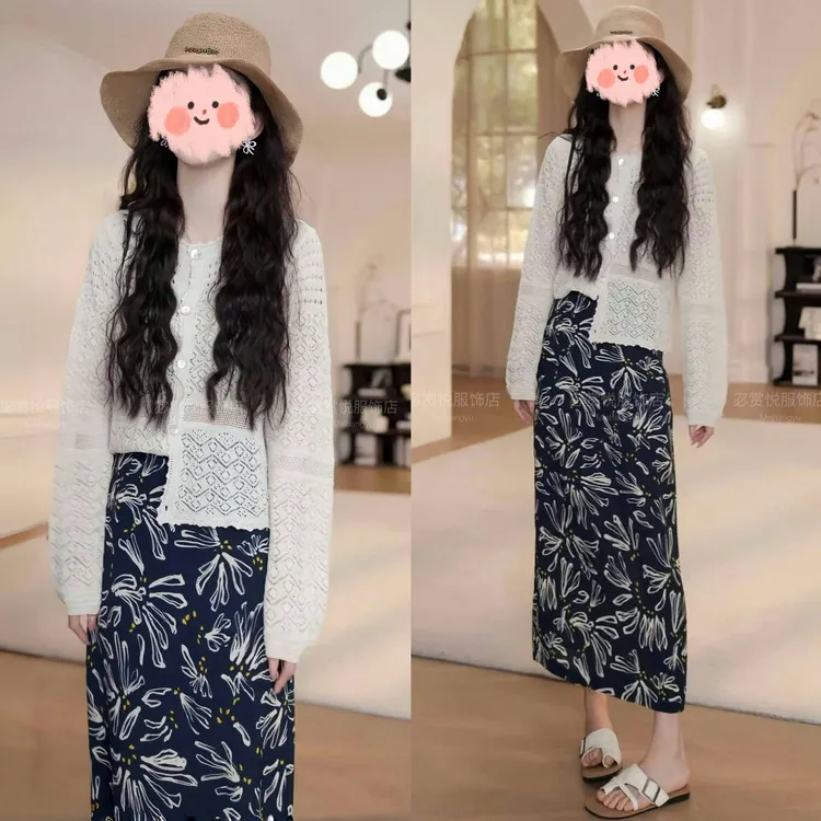 洋气衣服女2025夏季薄款镂空防晒长袖针织开衫百搭半身裙气质套装