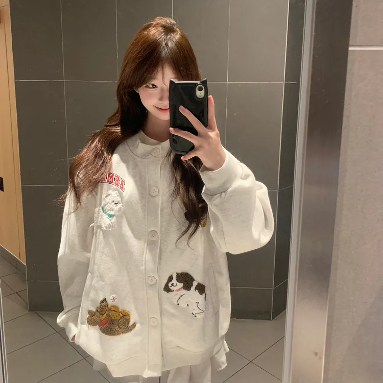 学院风毛巾绣纯棉华棉复合薄款ins少女长袖卫衣韩版卡通宽松