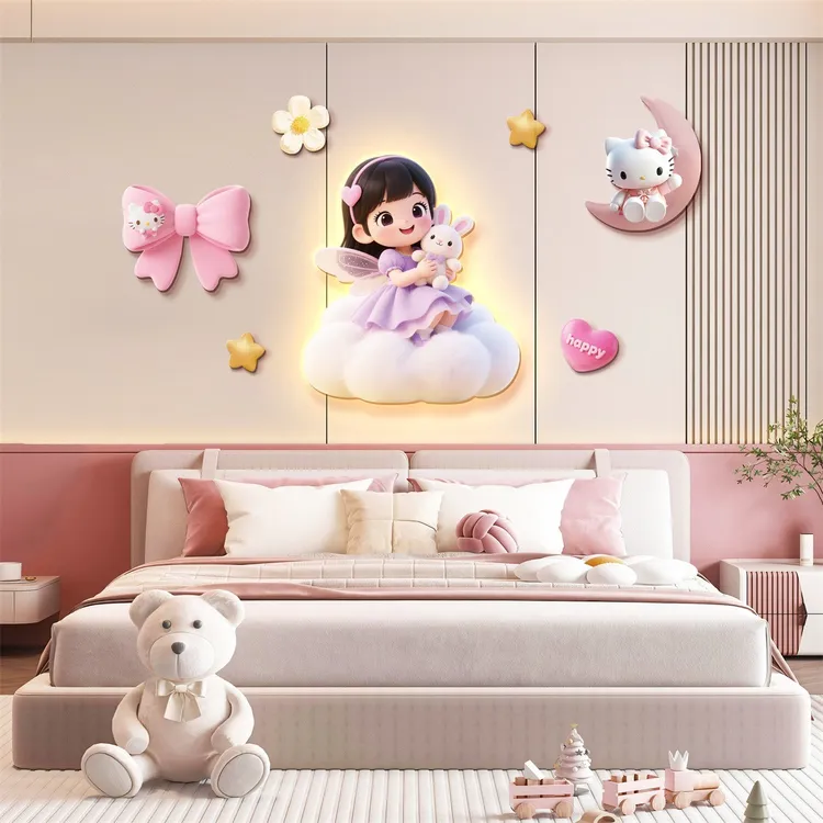 儿童房装饰画创意卡通男孩女孩公主房床头挂画发光灯画卧室壁画