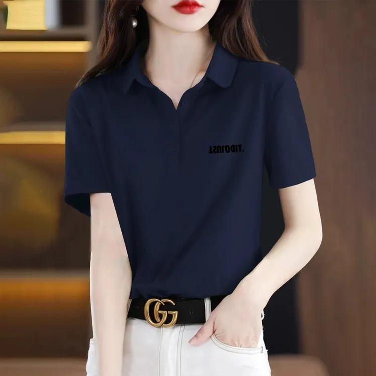 藏青色正肩大码polo领短袖T恤女时尚胖mm字母印花翻领半袖体恤潮