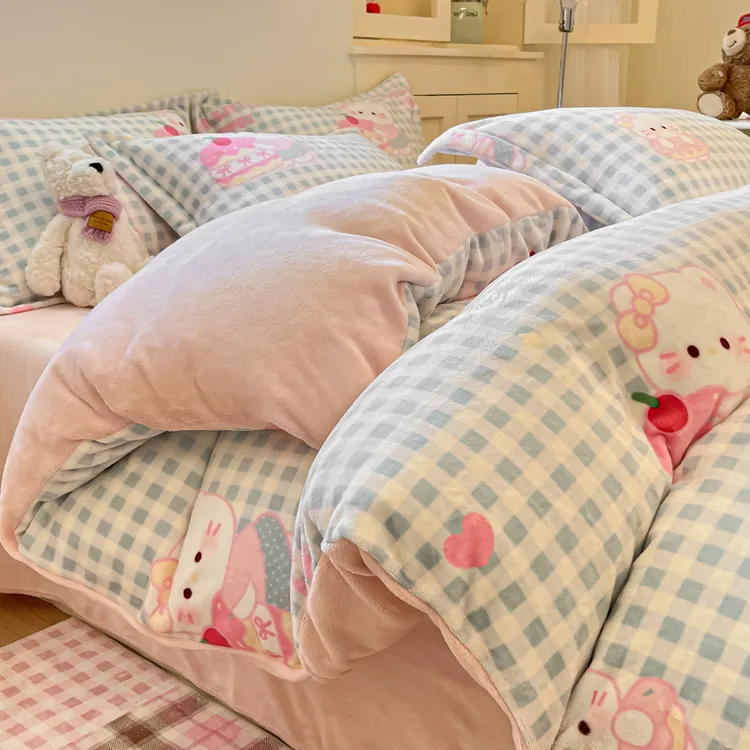 冬季加厚牛奶绒床上四件套双人被套双面加绒加厚雪花绒被罩三件套