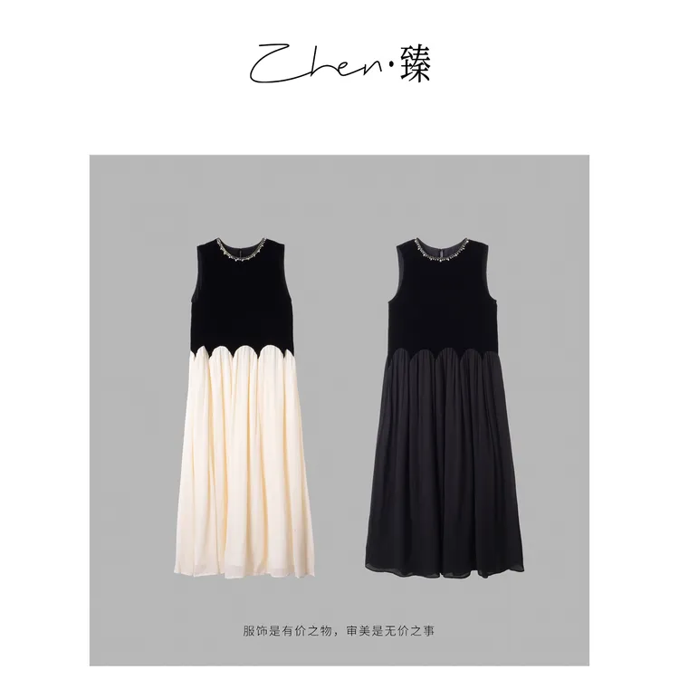 ZHEN.臻 法式钉珠设计师款不规则拼接真丝丝绒连衣裙LYQ8280Z
