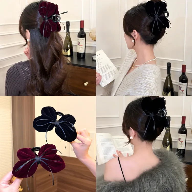 新款丝绒双面飘带蝴蝶结抓夹秋冬慵懒抓夹