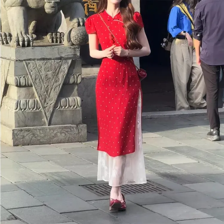 新中式波点旗袍蕾丝旗袍两件套夏季新款时尚气质套装