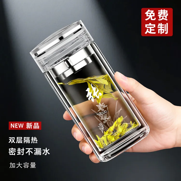 玻璃杯双层水杯男2025新款家用耐高温茶水分离杯大容量泡茶杯子