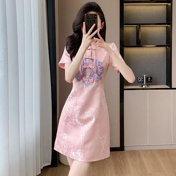 YY夏国潮少女甜美气质新中式国风刺绣盘扣改良旗袍连衣裙麻单件SM