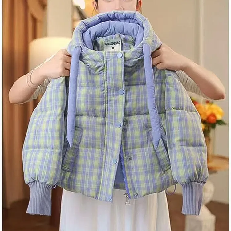 女童冬季棉服2025新款儿童韩版休闲洋气加厚格子拼接保暖棉衣外套