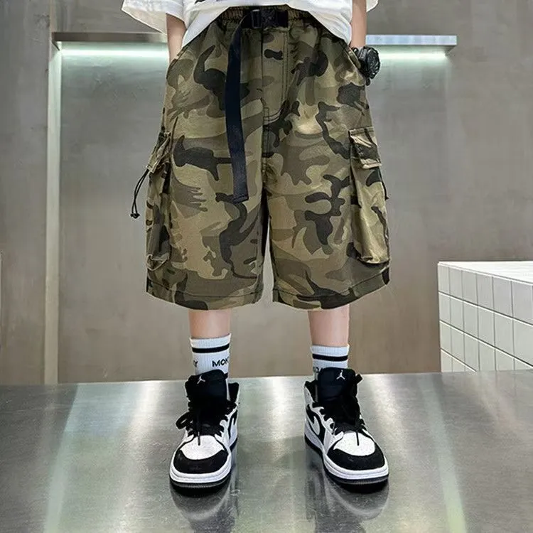 儿童迷彩工装七分裤2025夏季新款中大童男女通用休闲口袋宽松裤子