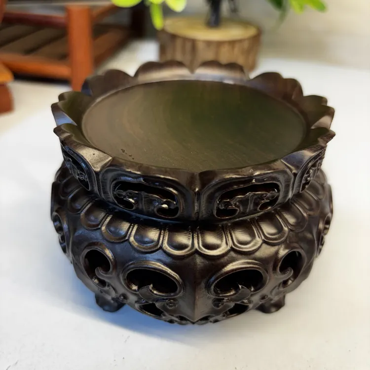 黑檀皇冠如意卷草纹壶承红木香几摆件底座 尺寸：内8.5外12高7.5