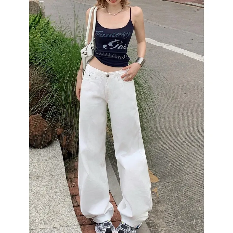 POYZ白色低腰辣妹宽松直筒裤女美式复古百搭显瘦牛仔拖地裤