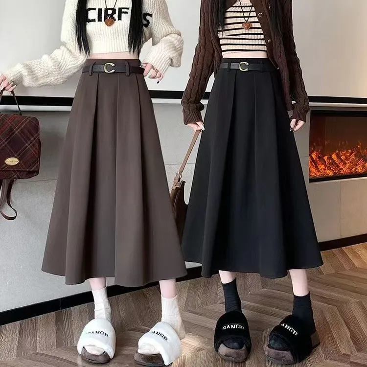 【送腰带】秋冬毛呢西装气质半身裙高腰垂坠感A字半裙大摆韩版