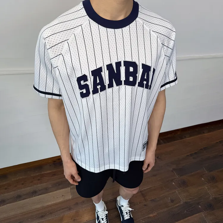 SANBAI 叁佰【网眼复古球服】T01宽松插肩袖250G夏季撞色T恤