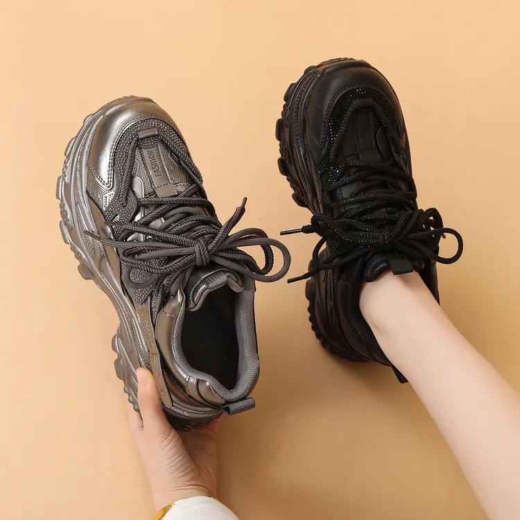 黑色厚底老爹鞋女2025新款百搭单鞋增高显脚小加绒四季休闲运动鞋